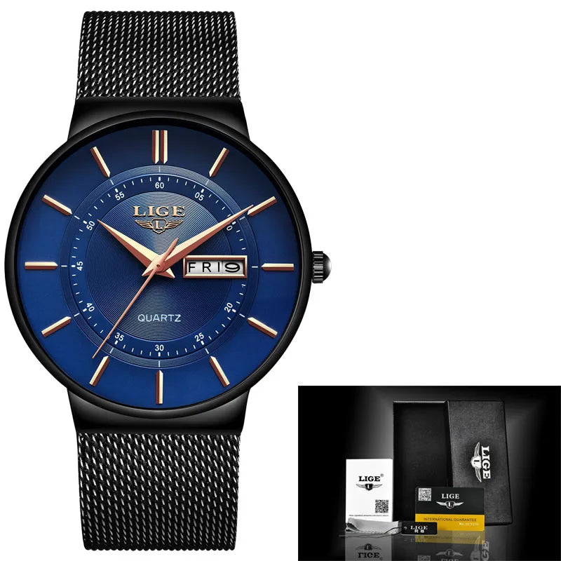 Relogio Masculino 2024 LIGE New Mens Watches Top Brand Luxury Ultra Thin Quartz Watch Men Steel Mesh Strap Waterproof Gold Watch