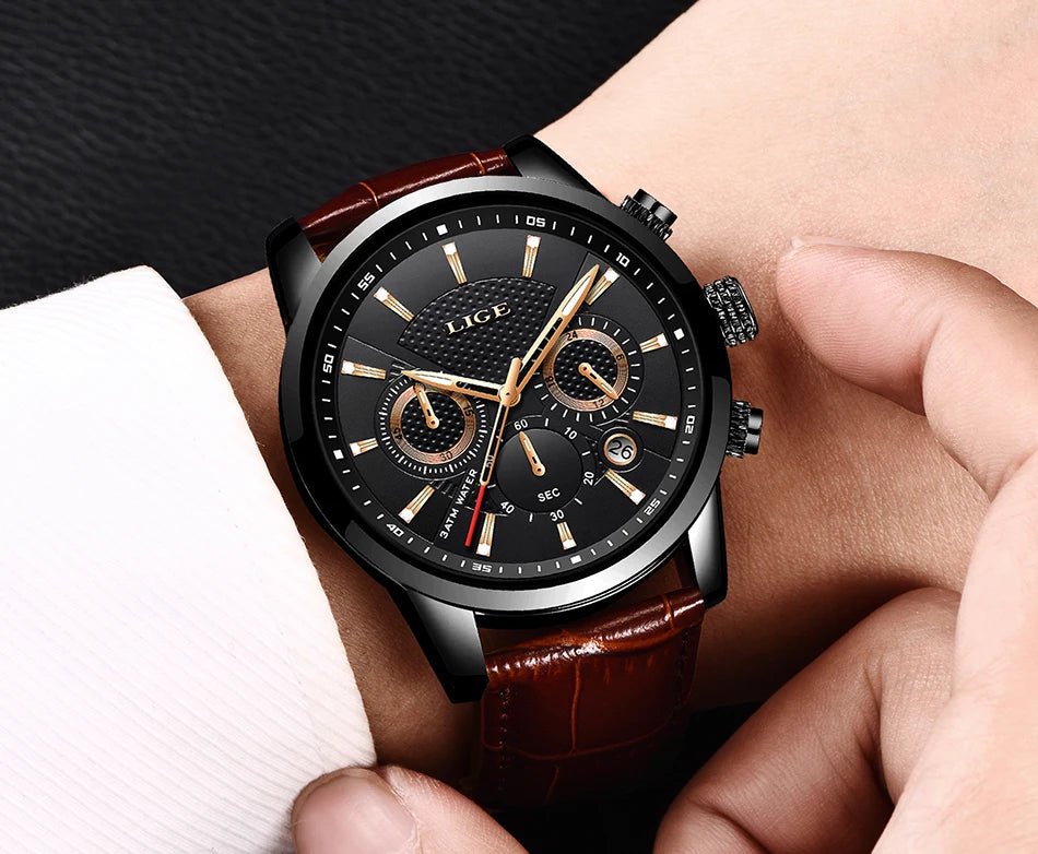 2023 New Mens Watches LIGE Top Brand Leather Chronograph Waterproof Sport Automatic Date Quartz Watch For Men Relogio Masculino