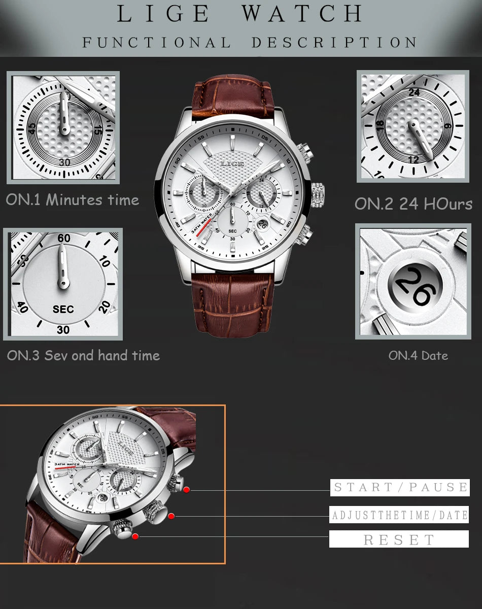 2023 New Mens Watches LIGE Top Brand Leather Chronograph Waterproof Sport Automatic Date Quartz Watch For Men Relogio Masculino