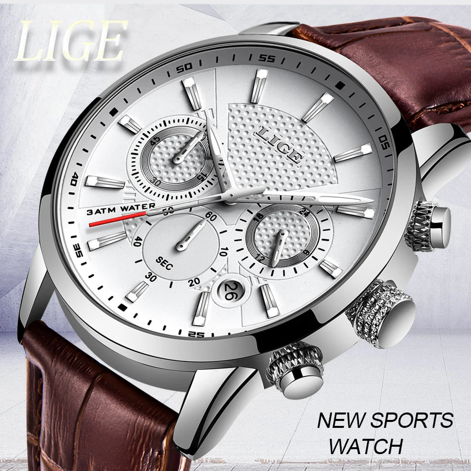 2023 New Mens Watches LIGE Top Brand Leather Chronograph Waterproof Sport Automatic Date Quartz Watch For Men Relogio Masculino