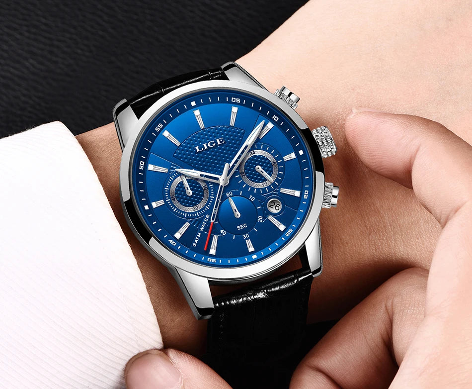 2023 New Mens Watches LIGE Top Brand Leather Chronograph Waterproof Sport Automatic Date Quartz Watch For Men Relogio Masculino