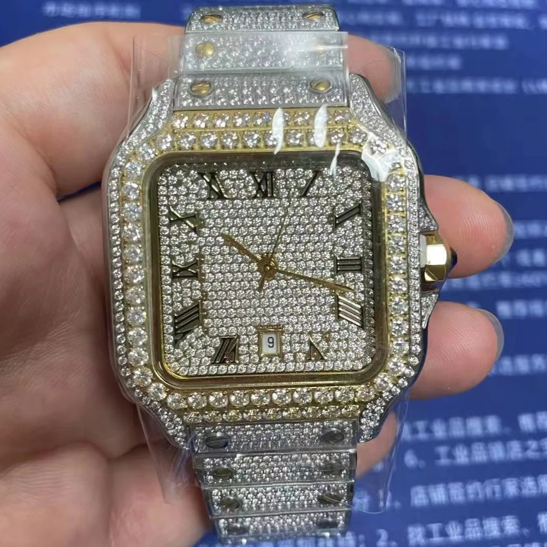 Shenzhen Factory Wholesale Perfect Diamond Stainless Steel Quartz Watches for Men Gold Silver Sparkling Rectangle Dial 40mm