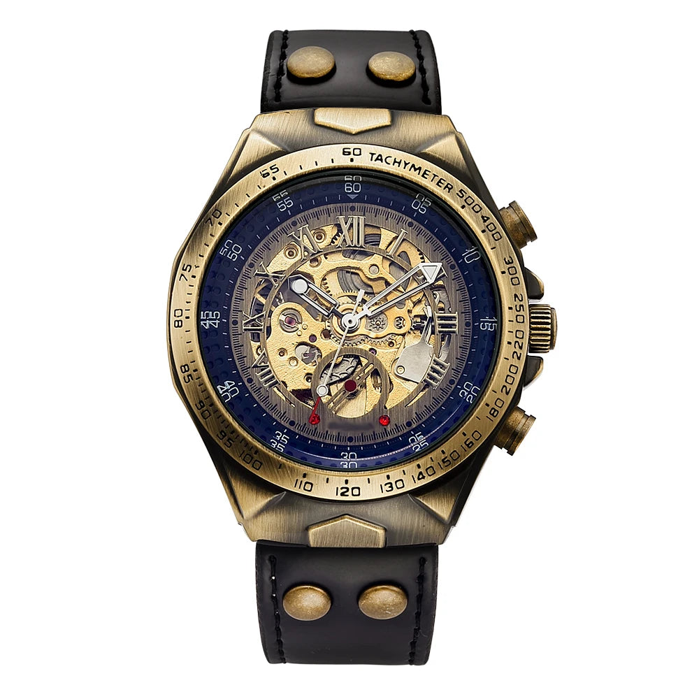 Retro Luxury Mens Mechanical Automatic Self-Wind Watch Skeleton Roman Numbers Analog Without Battery Leather Wristwatch Clock