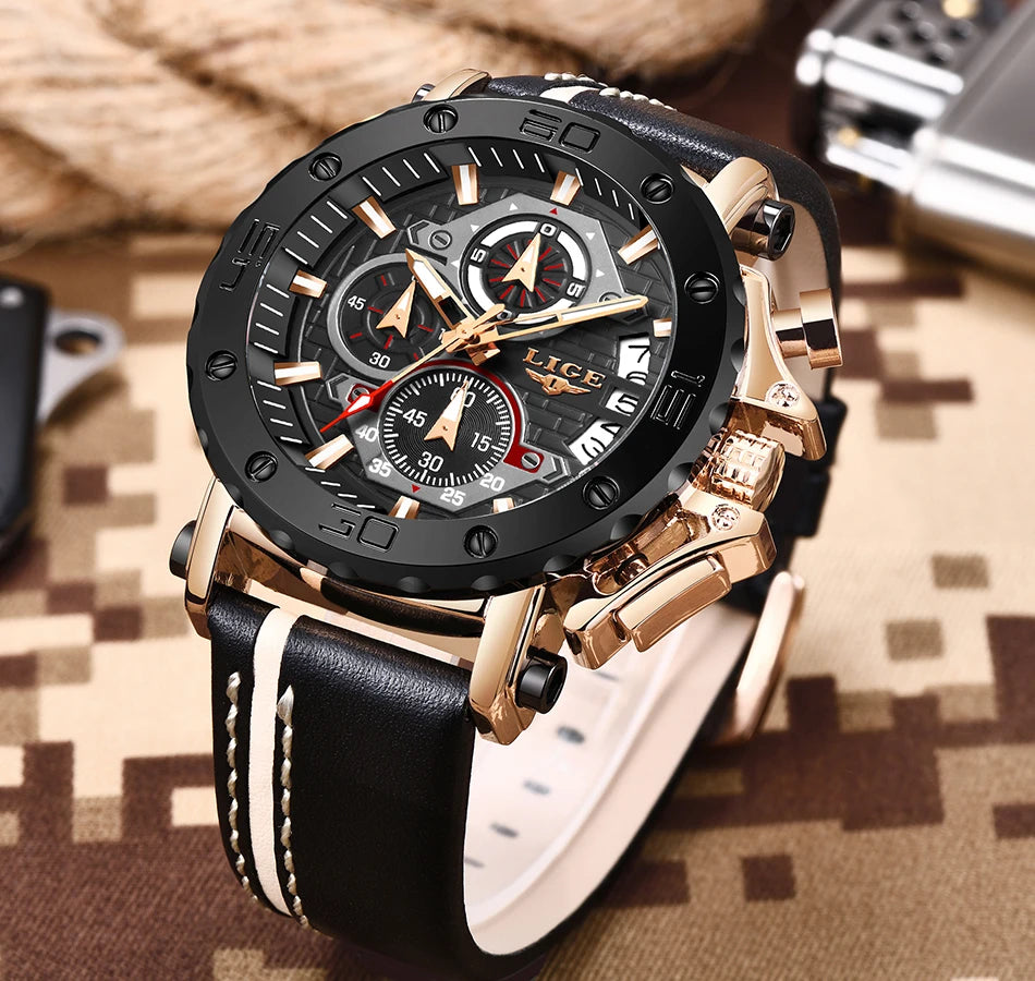 2025 LIGE New Mens Watches Top Brand Luxury Big Dial Military Quartz Watch Leather Waterproof Sport Wristwatch Relogio Masculino