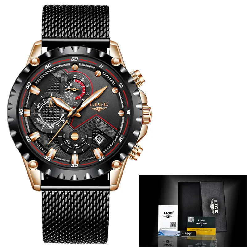 2025 New LIGE Blue Casual Mesh Belt Fashion Quartz Wristwatches Mens Watches Top Brand Luxury Waterproof Clock Relogio Masculino