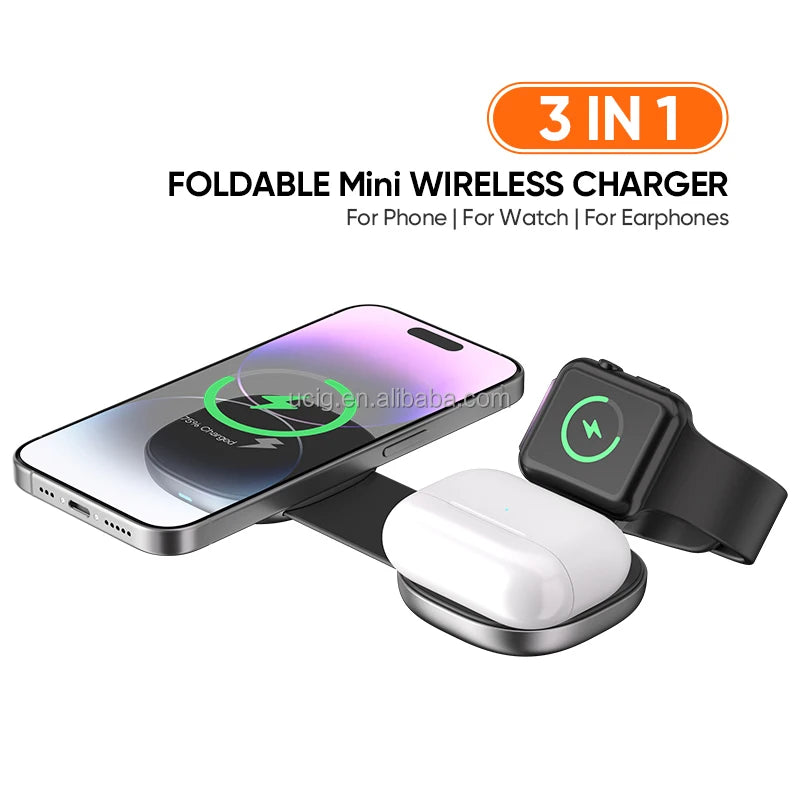 Compact Mini Wireless Charger | 3 in 1 Foldable Mobile Phone & Earphone & Smart Watch Charging Pad