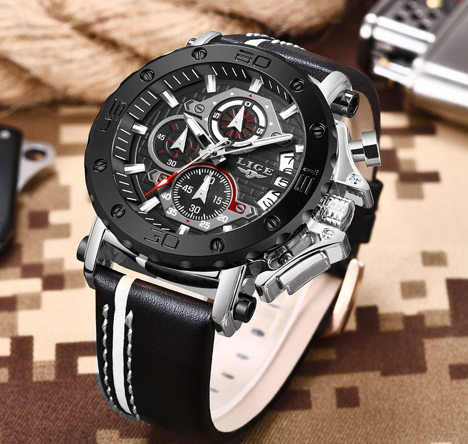 2025 LIGE New Mens Watches Top Brand Luxury Big Dial Military Quartz Watch Leather Waterproof Sport Wristwatch Relogio Masculino