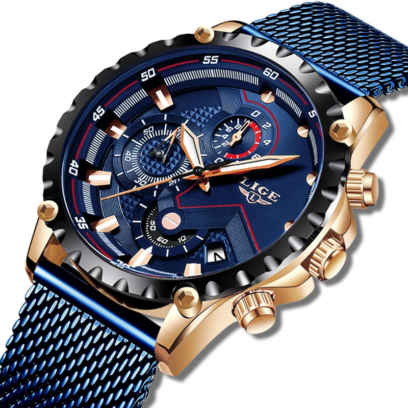 2025 New LIGE Blue Casual Mesh Belt Fashion Quartz Wristwatches Mens Watches Top Brand Luxury Waterproof Clock Relogio Masculino