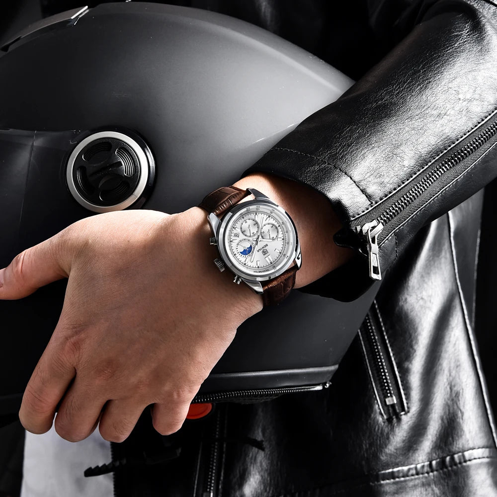 Luxury Men Quartz Wristwatches Top Brand Genuine Leather Chronograph 30M Waterproof Sport Watch Men Reloj Hombre Dropshipping