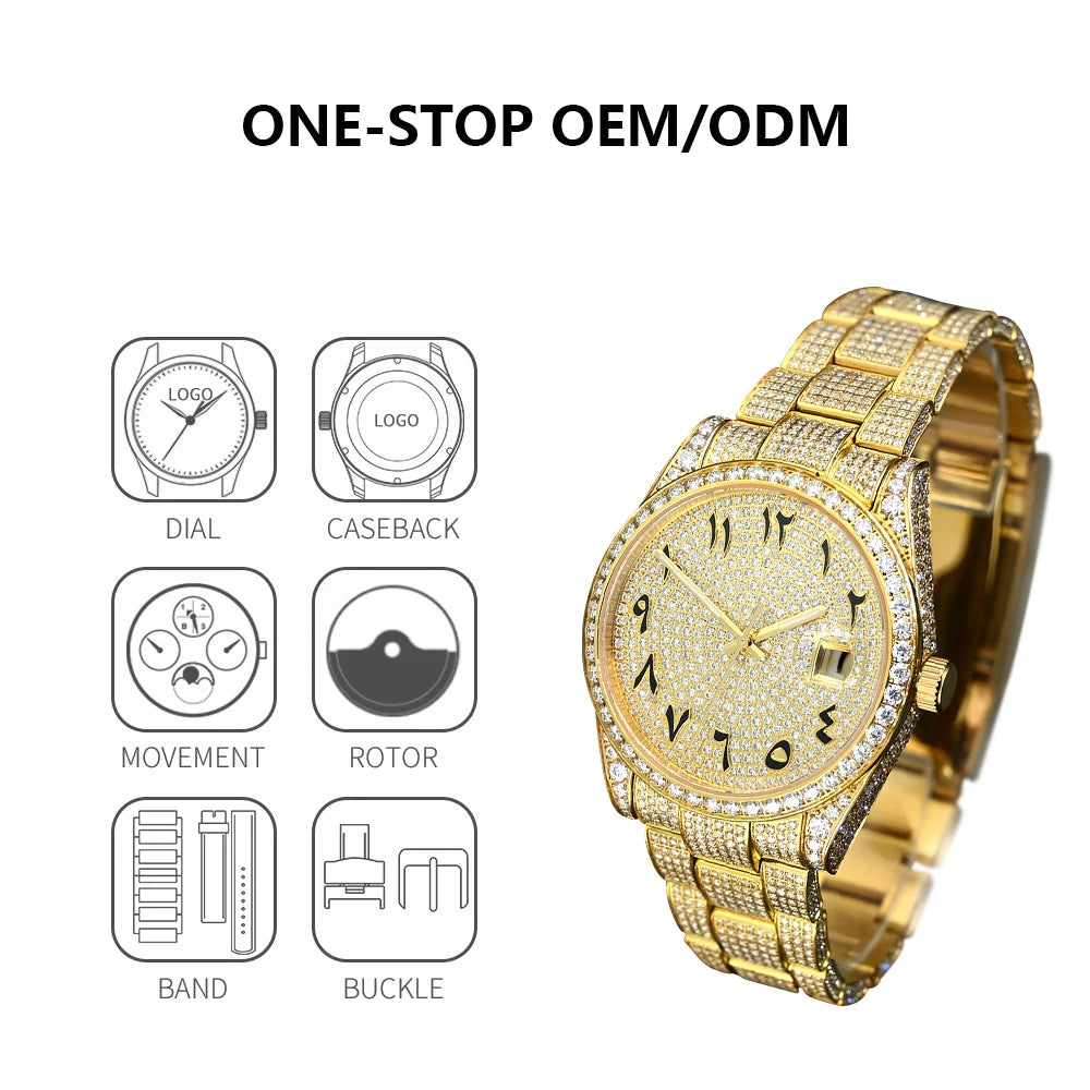 Hip Hop Bust Down Custom Automatic Mechanical Watches Luxury Brand Gold Iced Out VVS Moissanite Diamond Watch for Men ODM OEM