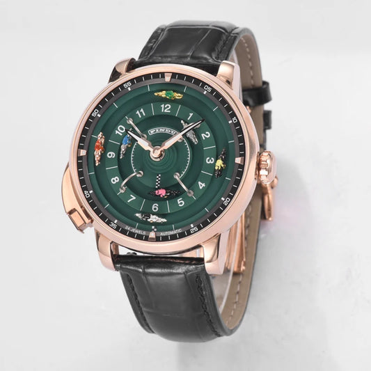 Pindu Designs NH35 Men's Mechanical Watch Press Button Turn Horse Riding Roulette Blue Sapphire Mirror Miyota Movement Jacob