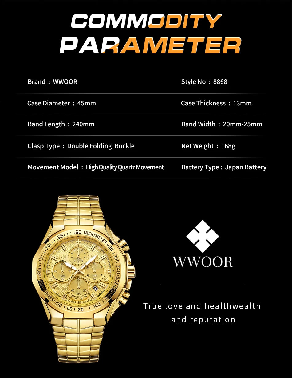 Relogio Masculino WWOOR Mens Watches 2024 Top Brand Luxury Wrist Watches For Men Gold Big Golden Male Chronograph Wristwatch Man