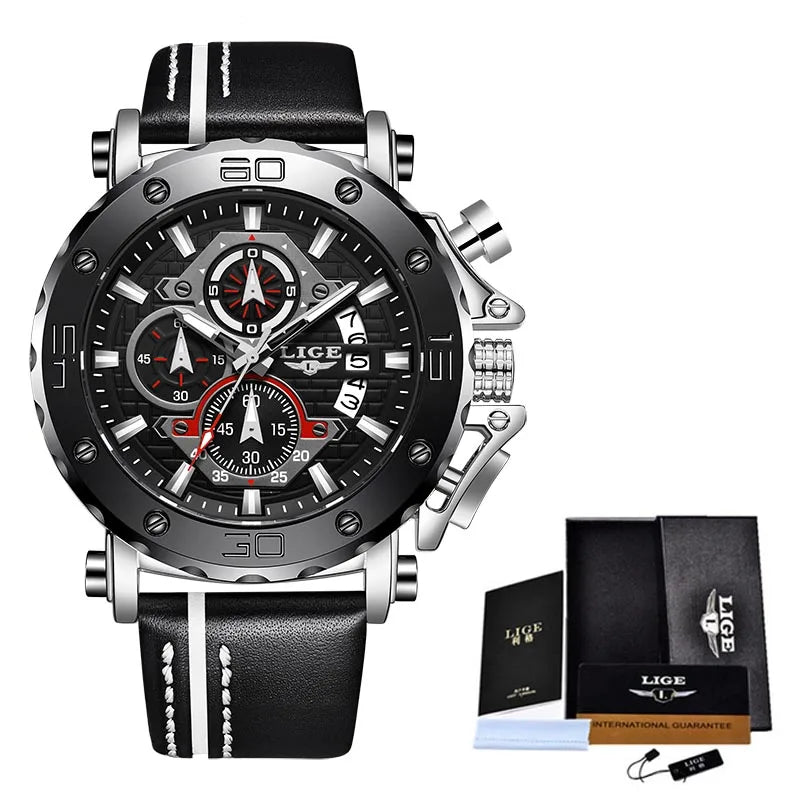 2025 LIGE New Mens Watches Top Brand Luxury Big Dial Military Quartz Watch Leather Waterproof Sport Wristwatch Relogio Masculino