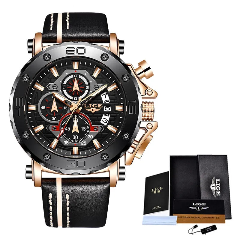 2025 LIGE New Mens Watches Top Brand Luxury Big Dial Military Quartz Watch Leather Waterproof Sport Wristwatch Relogio Masculino