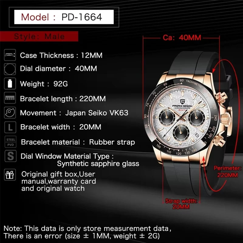 PAGANI DESIGN 2025 NEW 1664 Meteorite Dial Men's Watches Luxury Sapphire Quartz Watch for Men Sport Chronograph Men Reloj Hombre