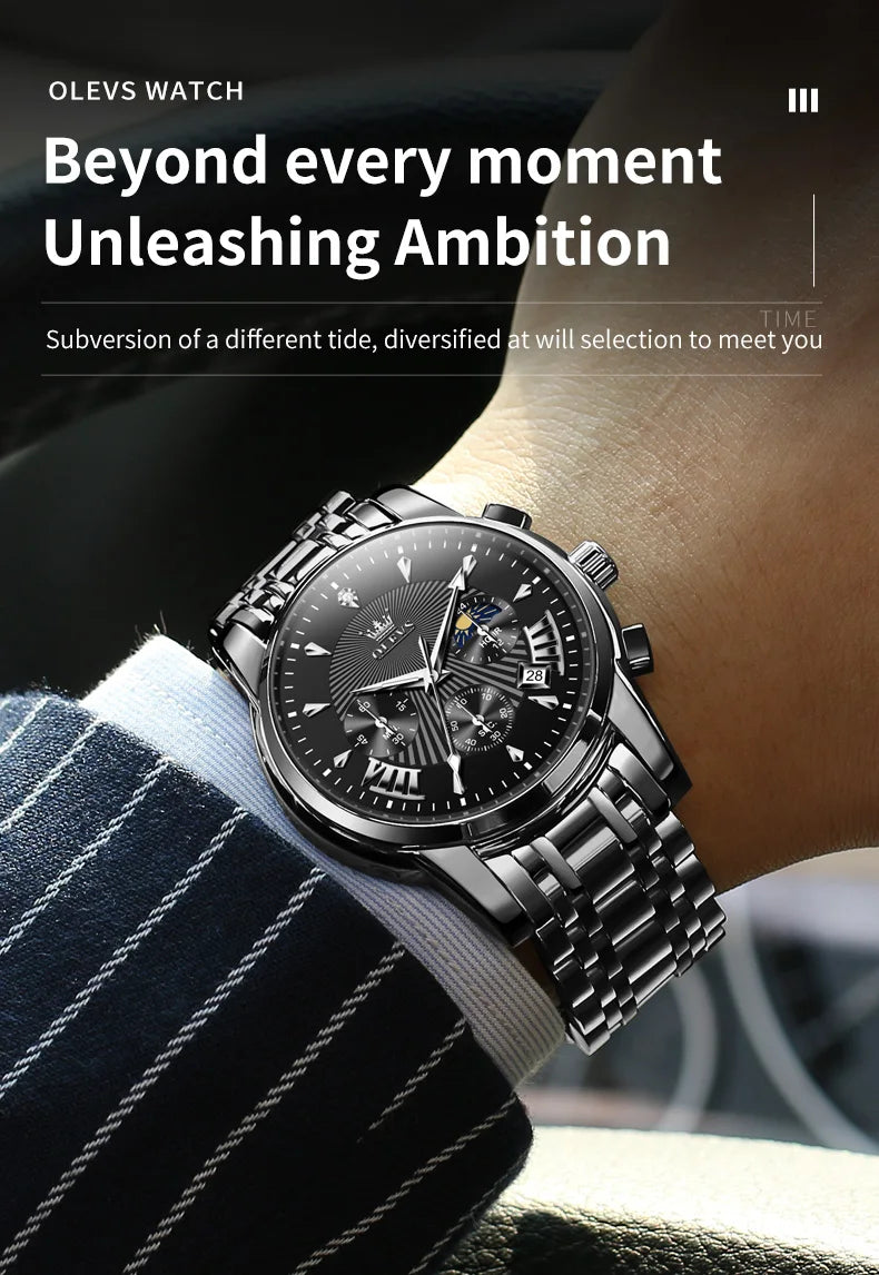 OLEVS Men's Watches 2892 Luxury Business Original Top Brand Quartz Watch for Man Waterproof Moon Phase Date Chronograph Luminous