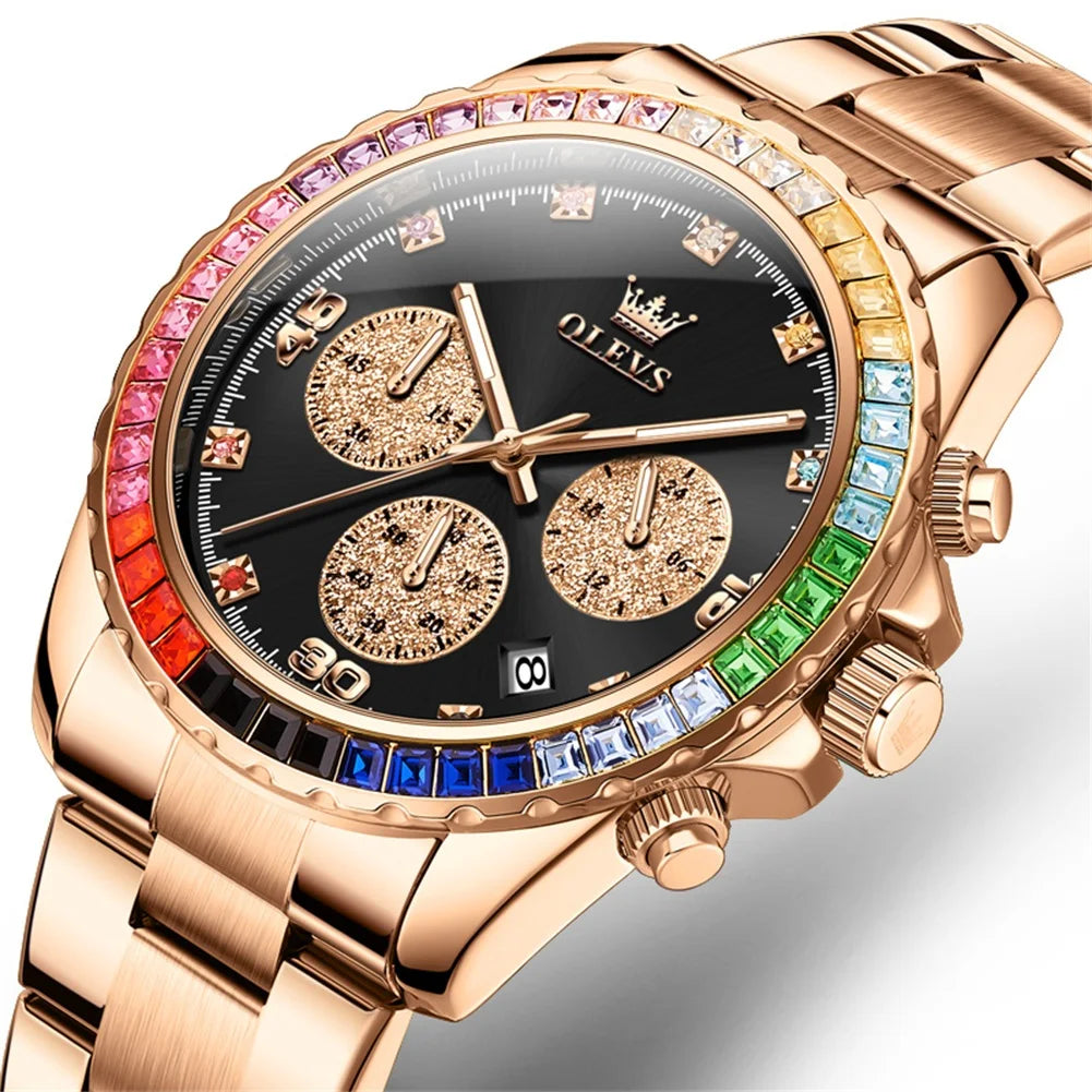 Watches For Men OLEVS Original Rainbow Gem Light Rose Gold Luxury Series Quartz Watch Waterproof Steel Strap Men's Watch New