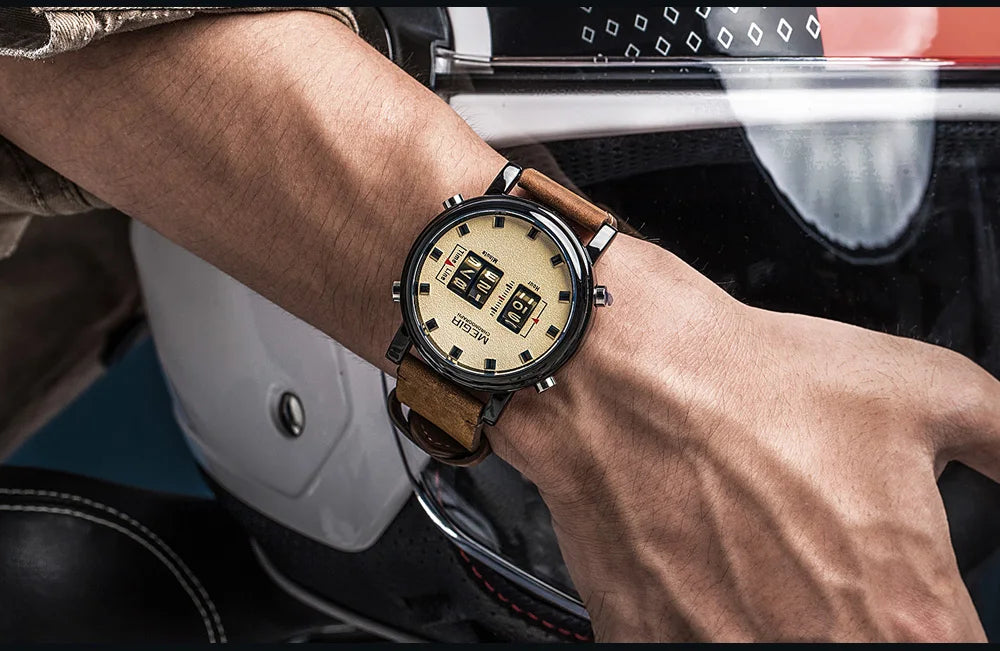 MEGIR Luxury Brand Men Sport Casual Watches Leather Strap Digital Roller Pointer Quartz Wristwatch Clock Relogio Masculino 2137