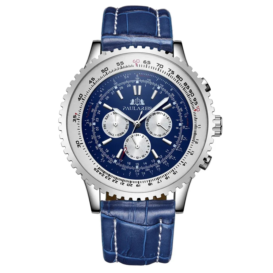Automatic Watch for Men Mechanical Stainless Steel Black Brown Blue Leather Strap Sports Big 50mm Reloj Hombre Baratos