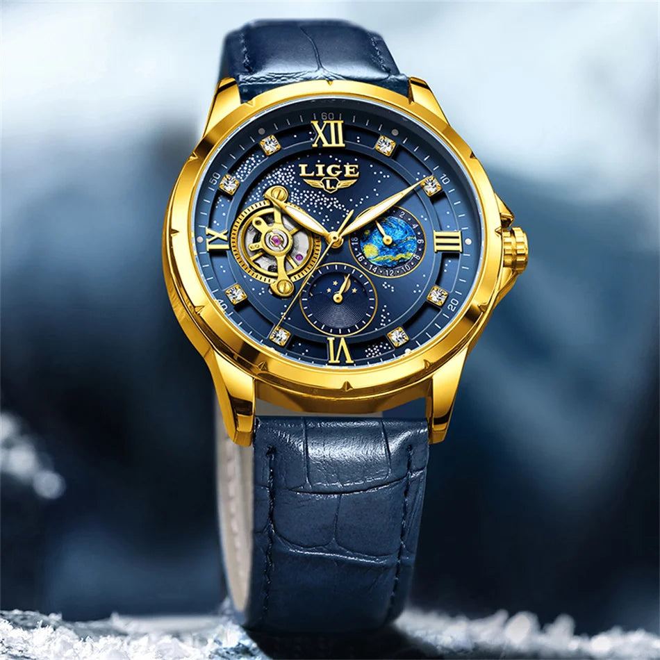 LIGE Top Luxury Mechanical Watches Men Fashion Diamonds Automatic Mens Watch 30M Waterproof Luminous Wristwatch Male Reloj 2026