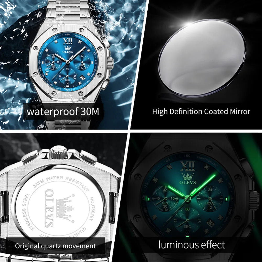 OLEVS Men's Watches Classic Luxury Top Brand Fine Steel Original Quartz Wristwatch for Man Waterproof Luminous Date Chronograph