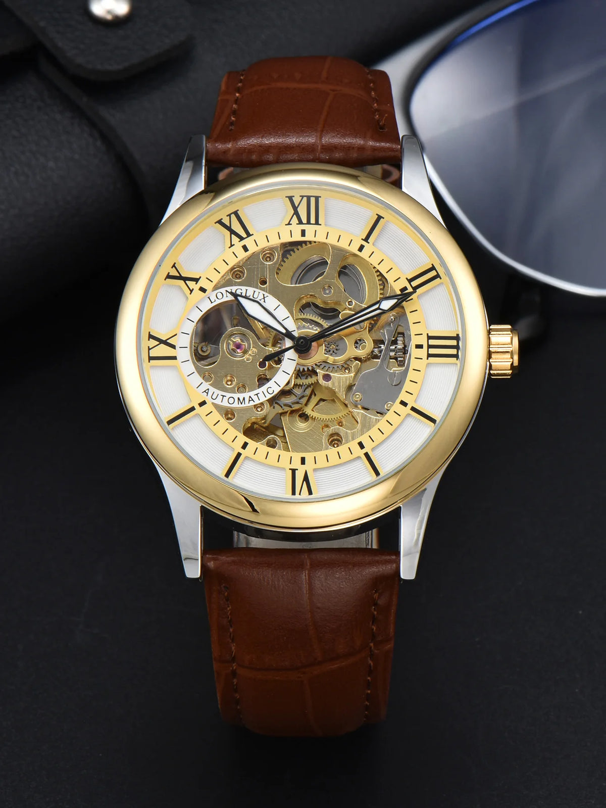 Men automatic watch luxury rome mechanical watches waterproof skeleton noctilucent leather mens watch choice of gift giving