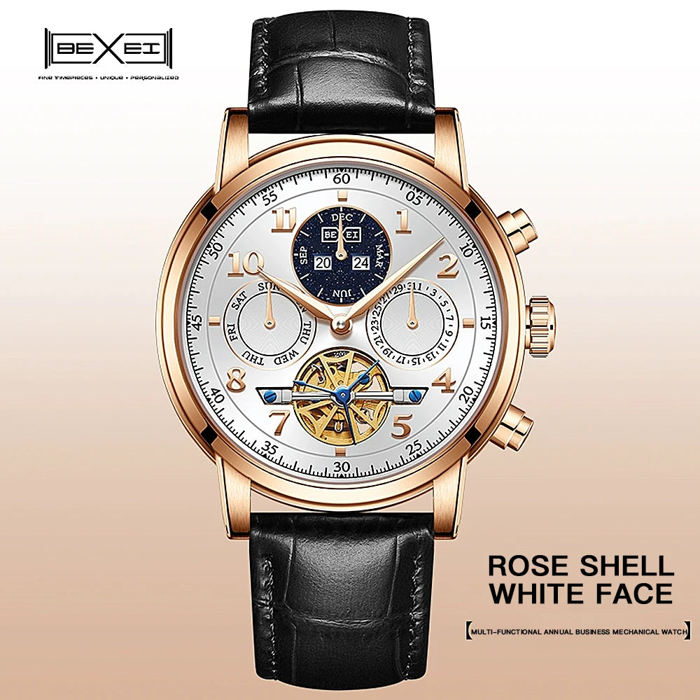 BEXEI 2025 Perpetual Calendar Automatic Watch Waterproof Mens Watches Top Brand Luxury Tourbillon Mechanical Watches for Man