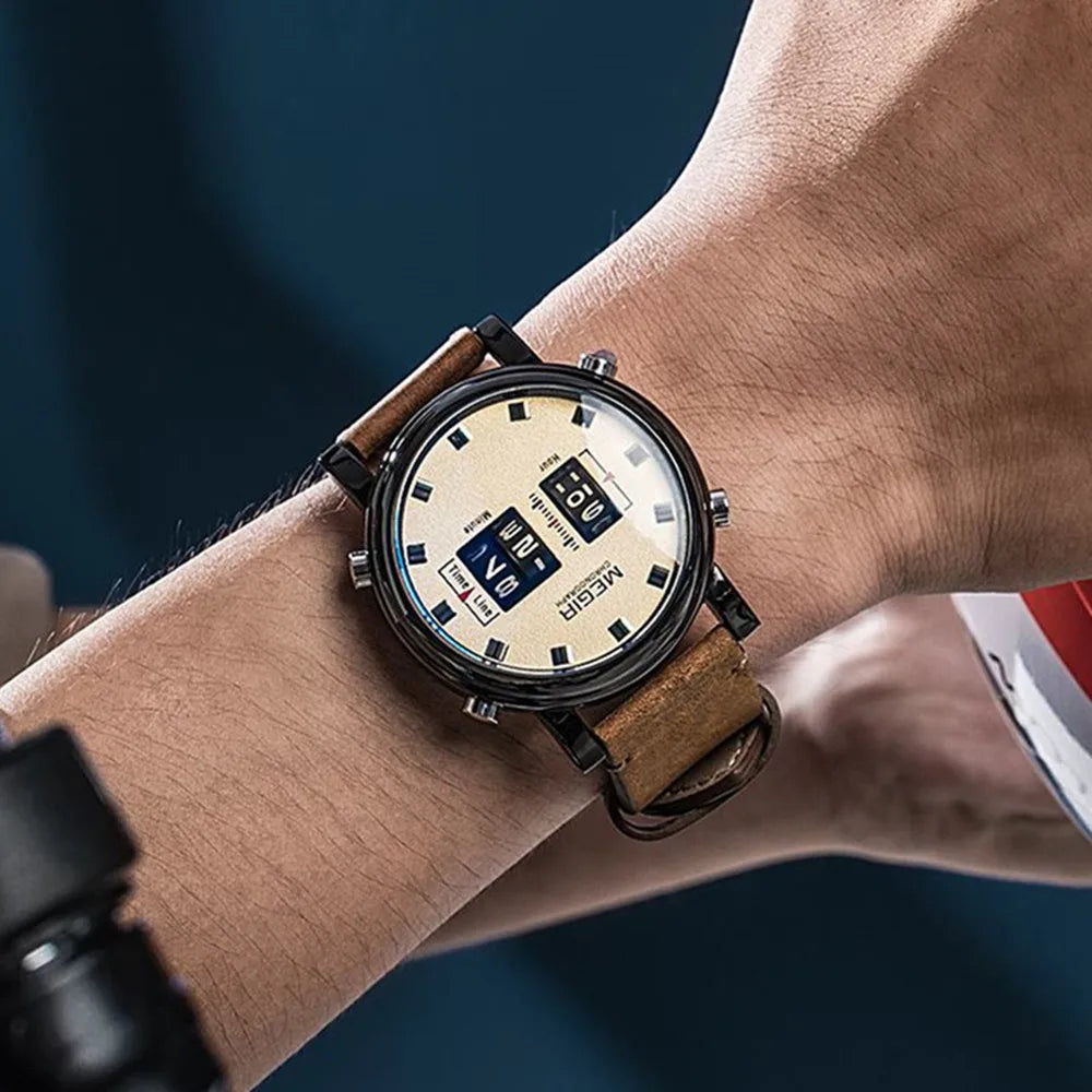 MEGIR Luxury Brand Men Sport Casual Watches Leather Strap Digital Roller Pointer Quartz Wristwatch Clock Relogio Masculino 2137