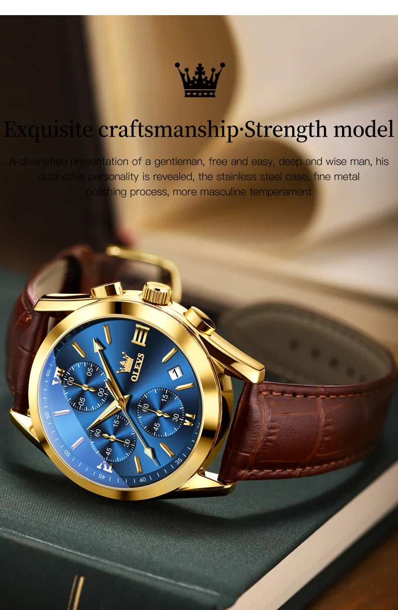 OLEVS Mens Watches Top Brand Luxury Chronograph Quartz Watch Men Sport Leather Waterproof Luminous Date Business Wristwatch Male