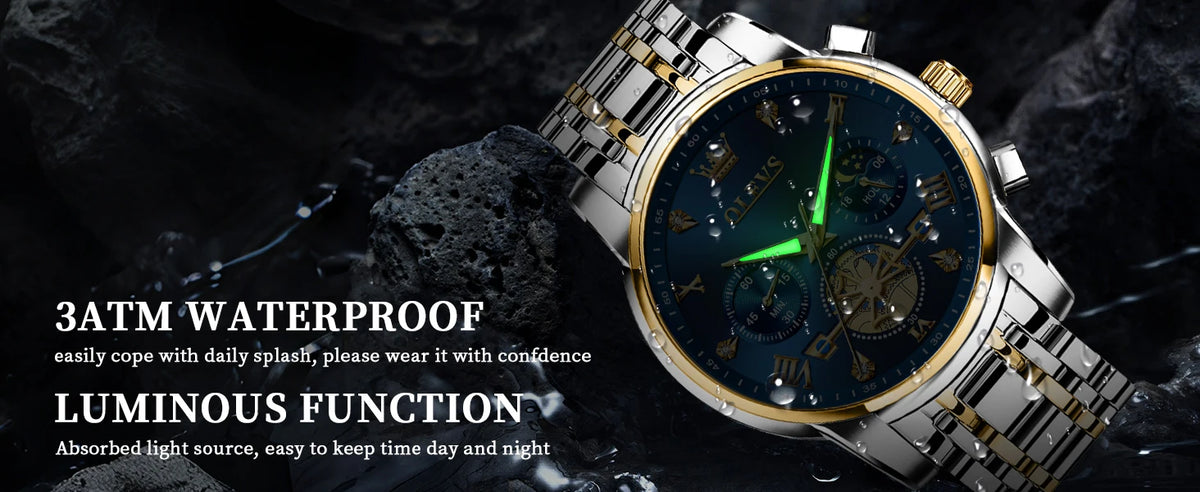 OLEVS Luxury Brand Men's Watch Classic Roman Scale Flywheel Design Moon Phase Waterproof Quartz Watch for Men Original 2856