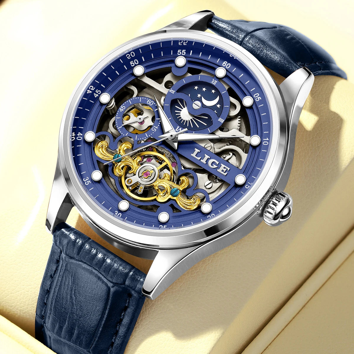 Reloj Hombre Watches Mens LIGE Top Brand Luxury Skeleton Tourbillon Automatic Mechanical Watch for Men Waterproof+Watch Box