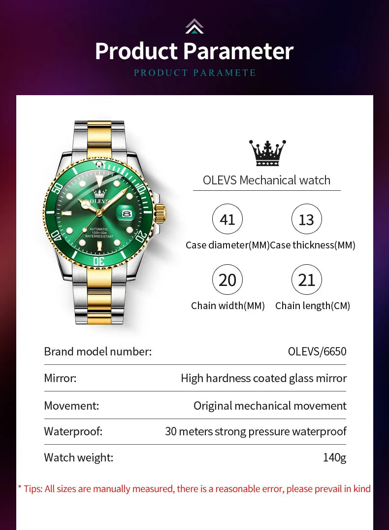 OLEVS 6650 Luxury Automatic Watch Men Rotary Lap Mechanical Movement Waterproof Sports Top Brand Stainless Steel Wristwatch