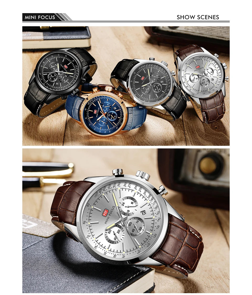 Top Brand Men's Leather Watch Luxury Quartz Watch Casual Business Sport Waterproof Chronograph Wristwatch with Date Display