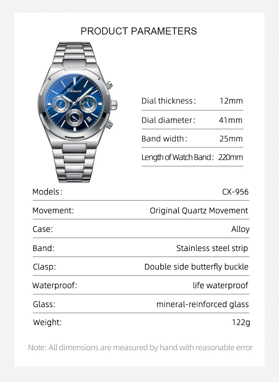Men's Watches Classic Multifunctional Chronograph Sports Watch Top Luxury Stainless Steel Waterproof Luminous Quartz Wristwatch