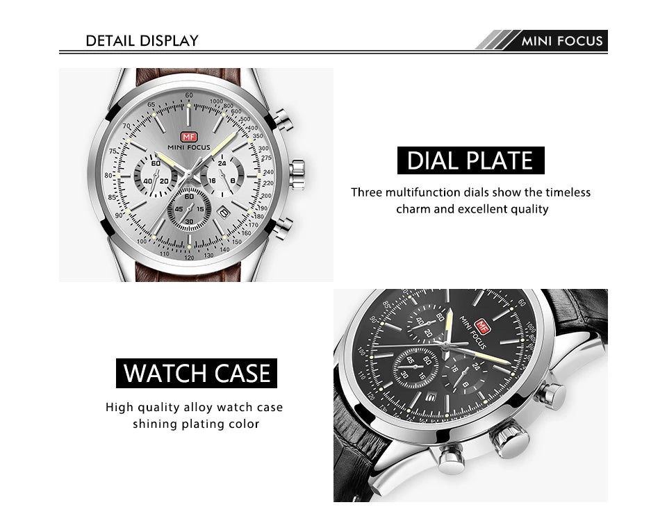 Top Brand Men's Leather Watch Luxury Quartz Watch Casual Business Sport Waterproof Chronograph Wristwatch with Date Display