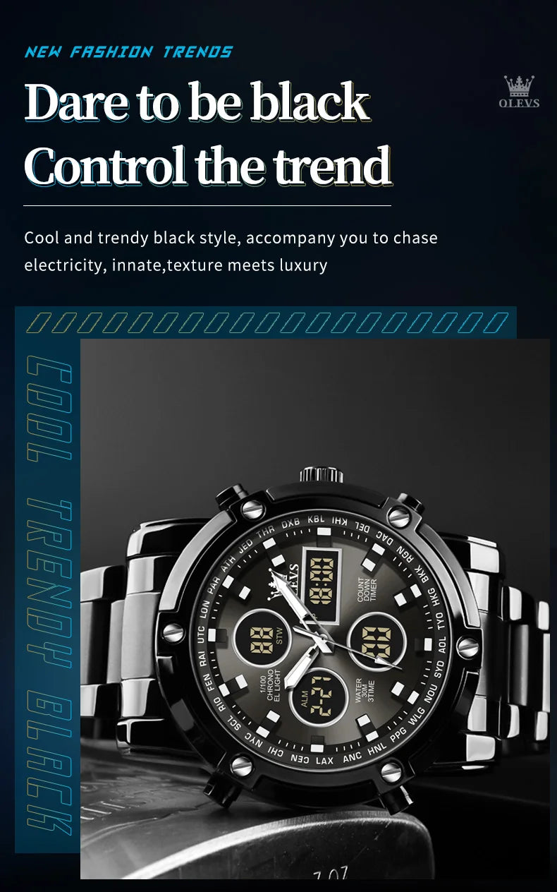 OLEVS 2024 New Mens Watches Top Brand Luxury Sport Digital Quartz Wristwatch For Men All Steel Military Waterproof Clock+Box