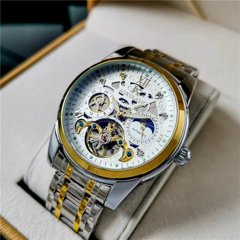 AOKULASIC Retro Tourbillon Mechanical Watch for Men Luminous Hands Business Automatic Mens Watches Top Brand Luxury Steel Strap