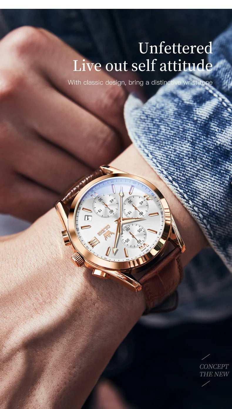 OLEVS Mens Watches Top Brand Luxury Chronograph Quartz Watch Men Sport Leather Waterproof Luminous Date Business Wristwatch Male