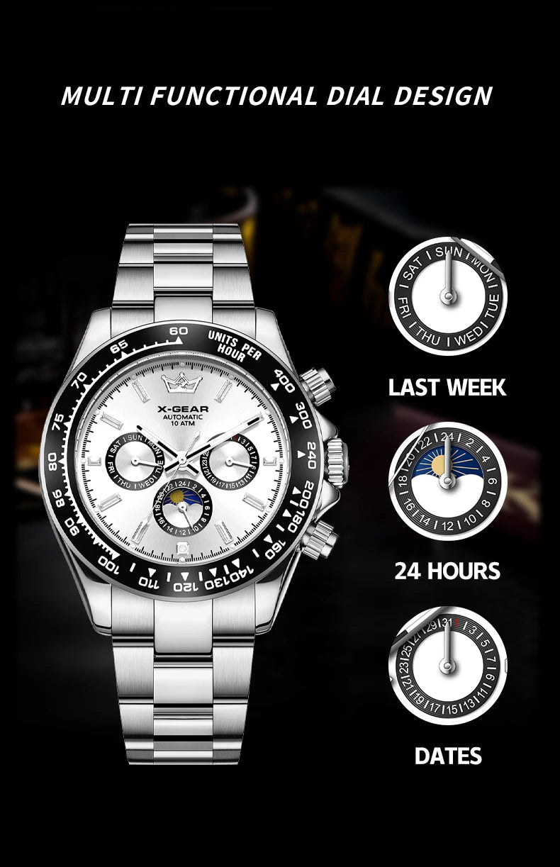 New Luxury Men's Watch – Automatic Mechanical Triple Sub-Dial Six-Hand Water-Resistant Luminous Stainless Steel Wristwatc
