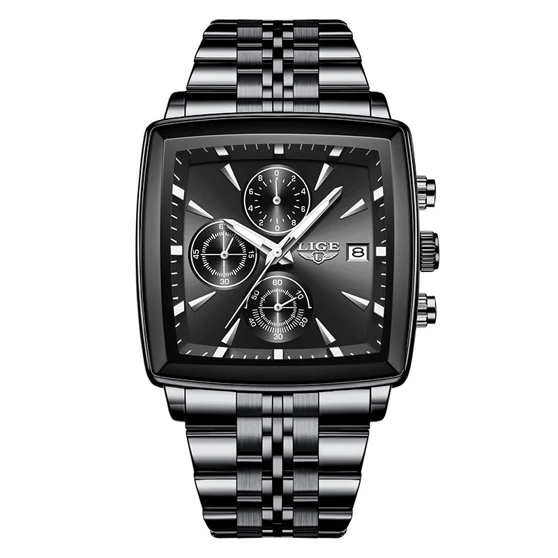 LIGE Fashion Luxury  Watches for Men Square Dial Stainless Steel Waterproof Luminous Auto Date Chronograph Quartz Man Watch+Box