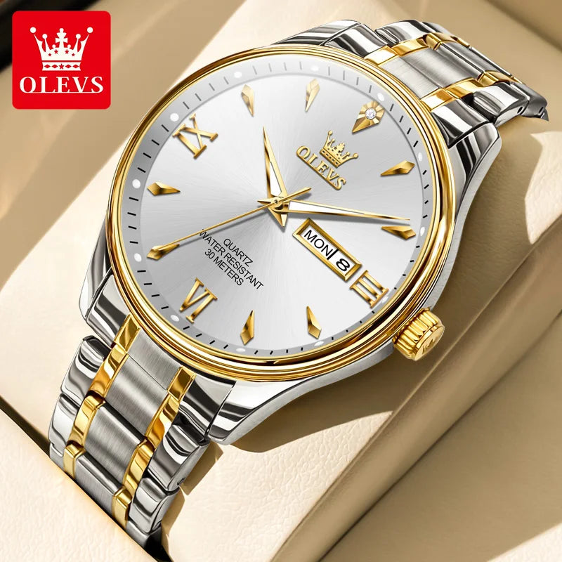OLEVS 9806 Classic Men's Watches Roman Scale Date Week Stainless steel Business Waterproof Hand Clock