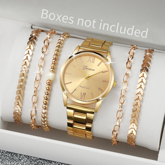 3/6PCS Fashion Women Watches Simple Roma Dial Analog Quartz Wristwatch Bracelets Set Reloj Mujer（Without Box）
