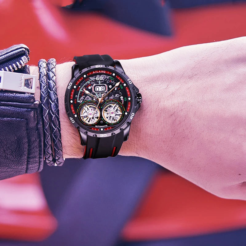 Luxury Sports Double Tourbillon Watches for Men Fashion Calendar Mechanical Watch Waterproof Luminous Clock Mens