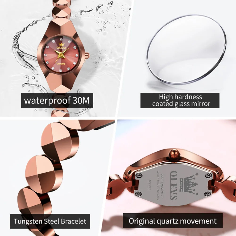 OLEVS 7007 Ladies Watches Original Quartz Wristwatch Rhombus Mirror Diamond Scale Tungsten Steel Watch for Women Bracelet Set