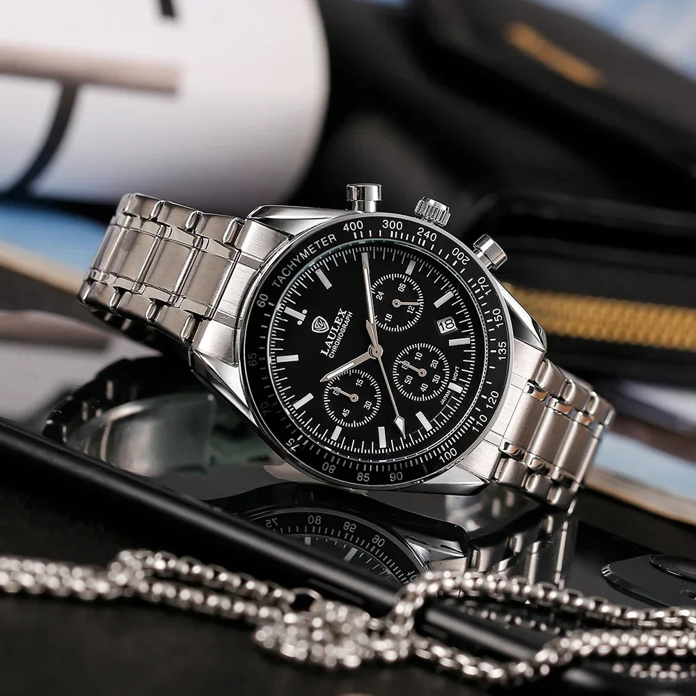 2024 LAULEX luxury top AAA multi-function chronograph 30M water-resistant fashion business stainless steel quartz watch