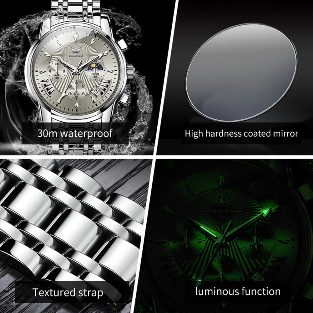 OLEVS Men's Watches 2892 Luxury Business Original Top Brand Quartz Watch for Man Waterproof Moon Phase Date Chronograph Luminous