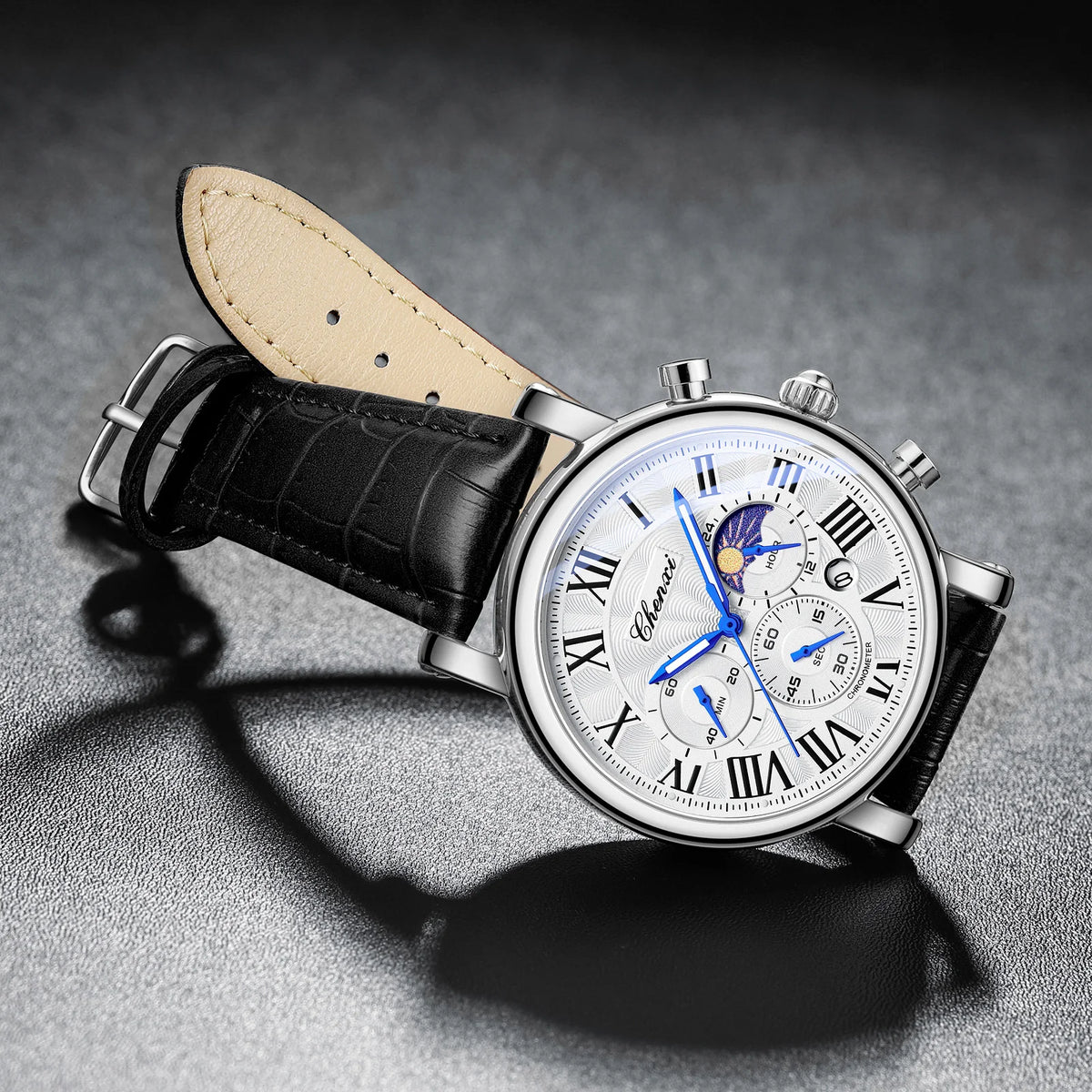 Watches For Men Leather Sweeping Second See-through Quartz Movement Waterproof Moon Phase Chronograph Wristwatch Men's Watch
