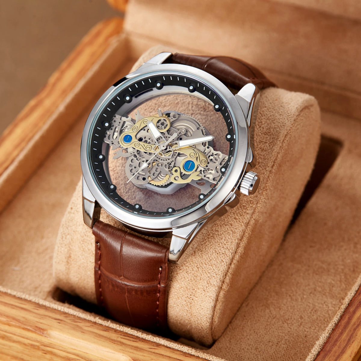 New Men's Watches Top Brand Luxury Original Waterproof Quartz Watch for Man Gold Skeleton Style 24 Hour Day Night часы мужские
