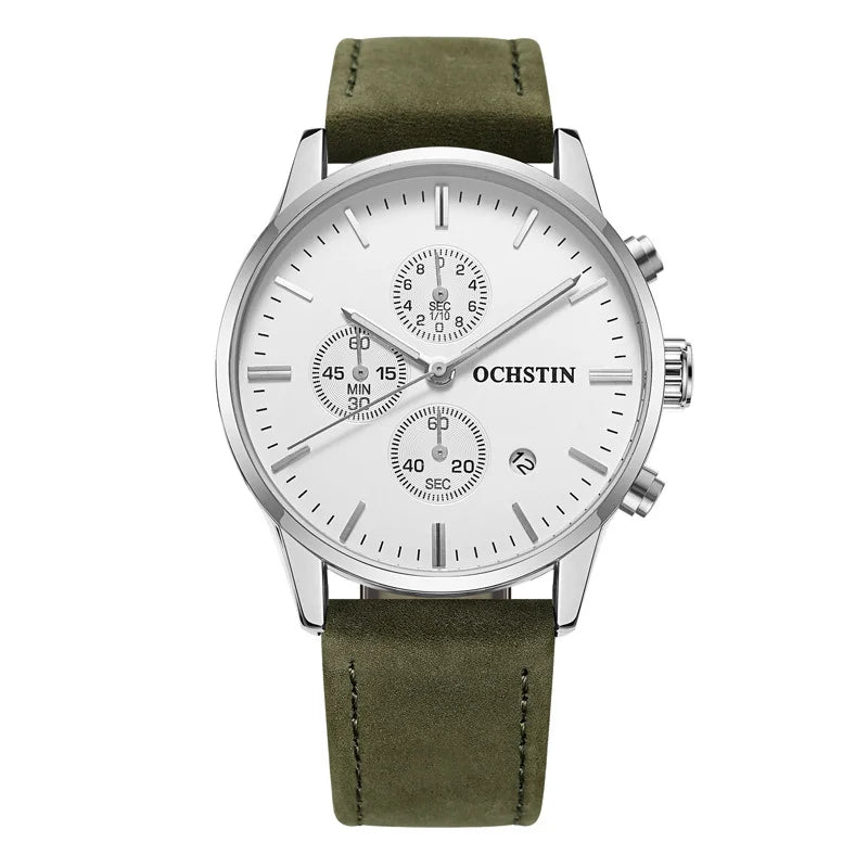 Quartz Watch for Man Multifunctional Chronography Series with 42mm Dial and 10mm Thickness Leather Strap Waterproof 3ATM