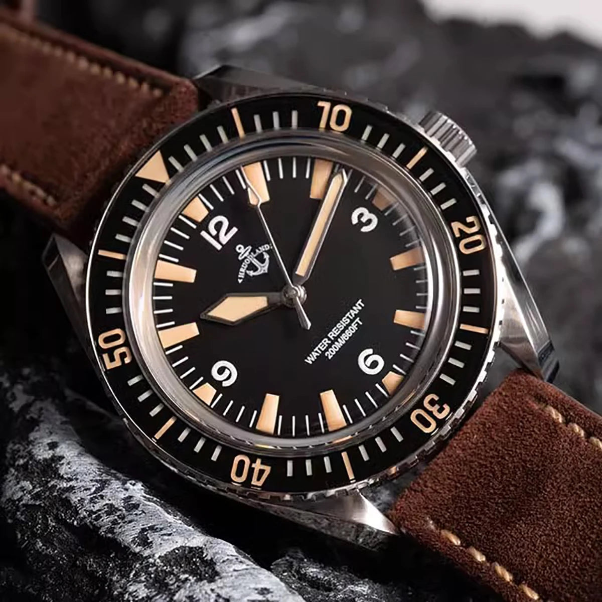 Hruodland Classic Retro Automatic Mechanical Men's Watches F025 Stainless Steel Brown Leather waterproof Luminous reloj hombre